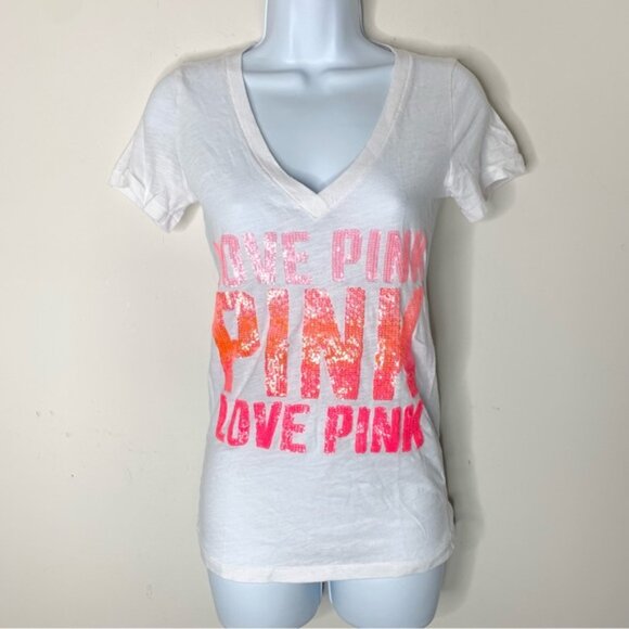 Pink Victoria’s Secret Sequin Letter T-shirt Short sleeve Y2K 2000s White XS - Picture 5 of 12